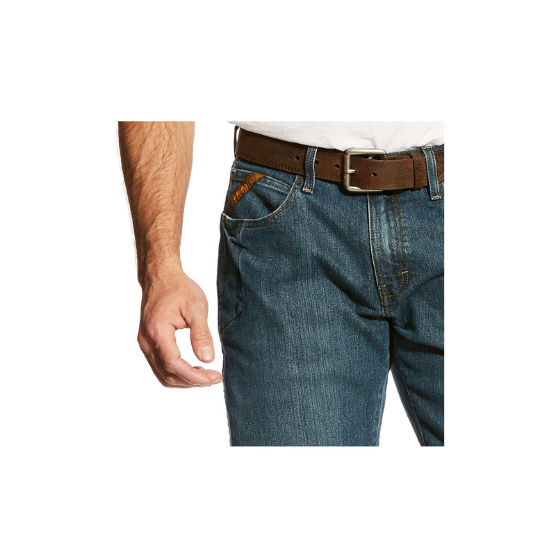 Load image into Gallery viewer, Ariat Rebar M4 Low Rise DuraStretch Basic Boot Cut Jean Close Up Front Left Pocket
