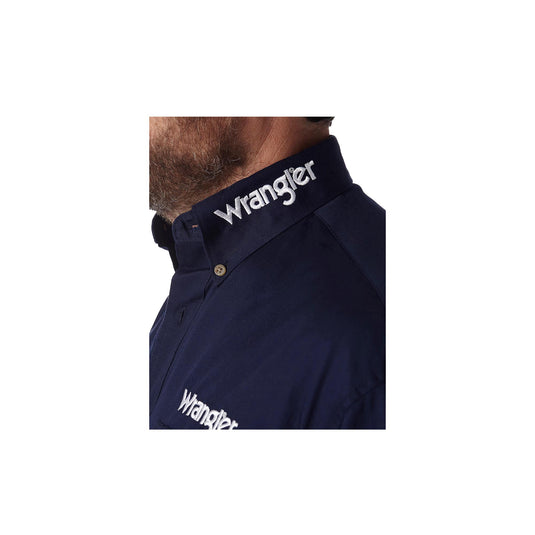 Wrangler Western LS Logo Shirt Close Up Left Side Collar View