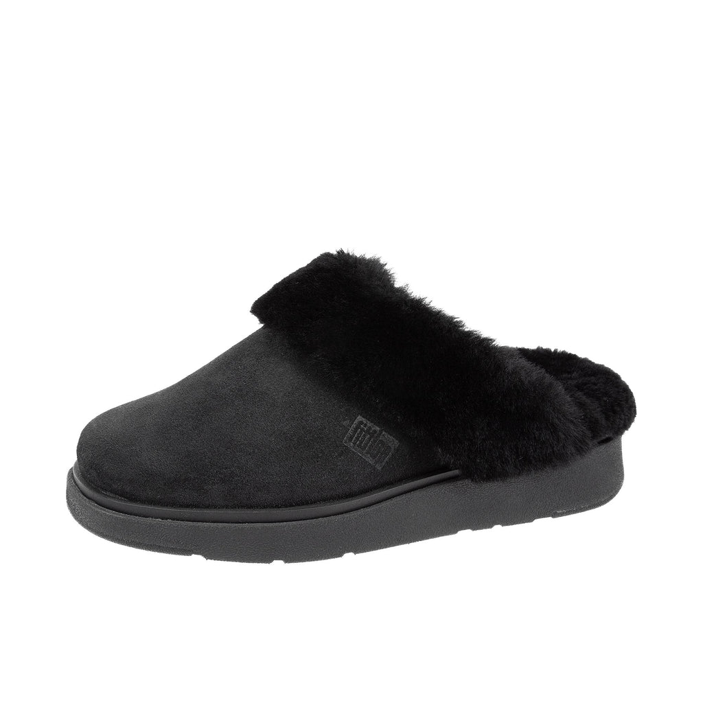 FitFlop Womens Gen-FF Shearling Collar Suede Slippers All Black