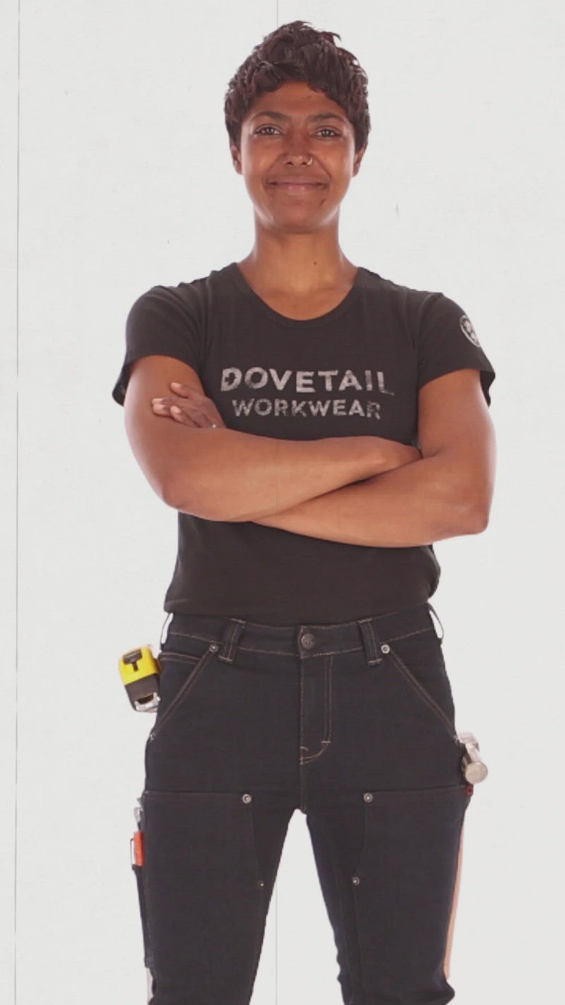Load and play video in Gallery viewer, Dovetail Workwear Womens Maven Slim Dark Grey Stretch Duck Canvas
